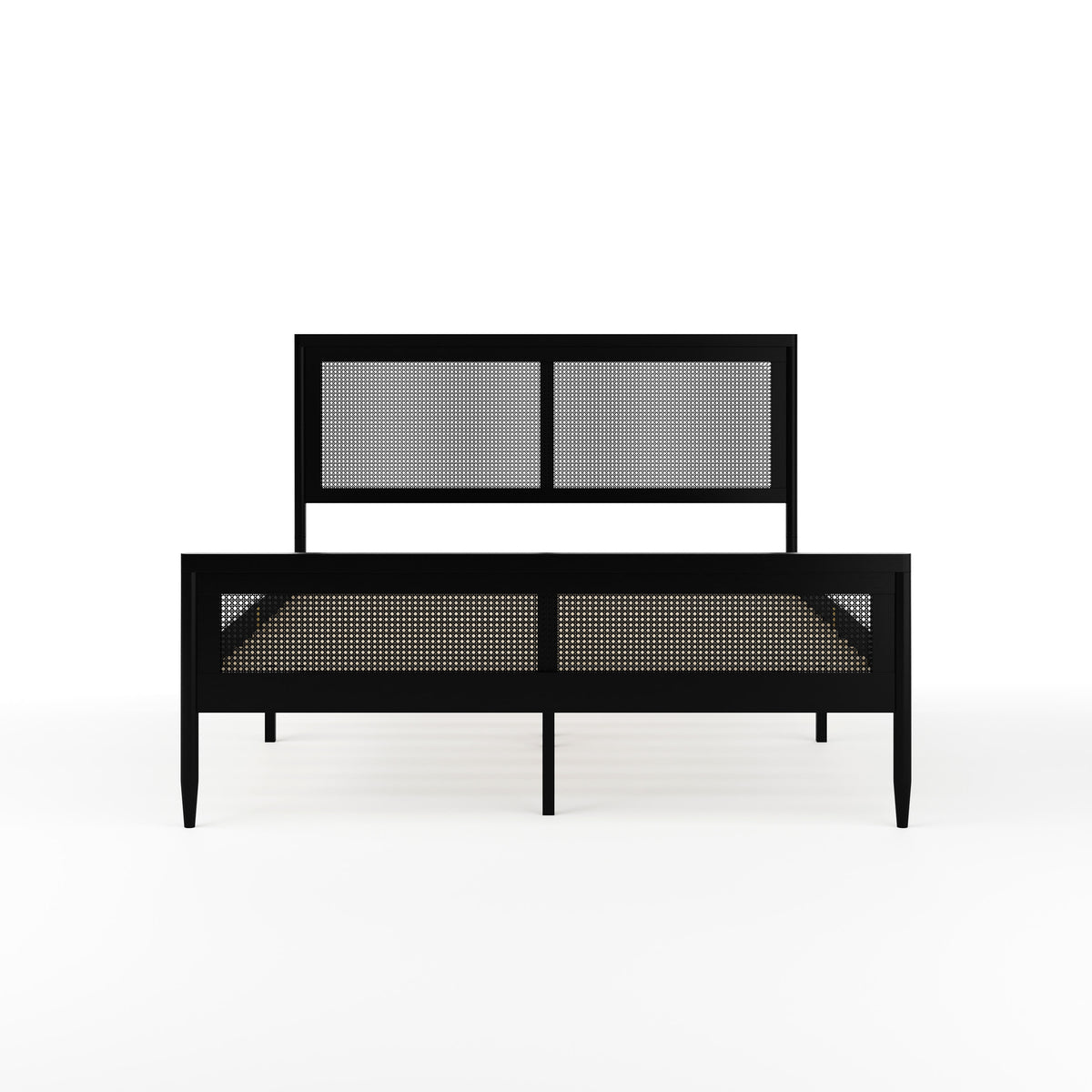 Black,Queen |#| Wooden Queen Platform Bed with Rattan Inset Headboard and Footboard-Black