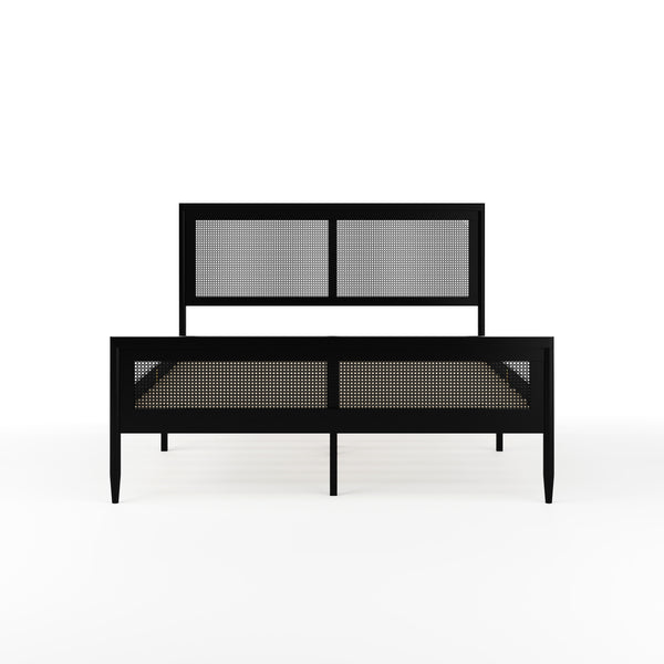 Black,Queen |#| Wooden Queen Platform Bed with Rattan Inset Headboard and Footboard-Black