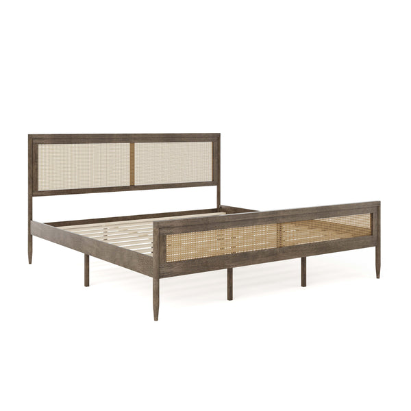 Brown Gray,King |#| Wooden King Platform Bed with Rattan Inset Headboard and Footboard-Brown Gray