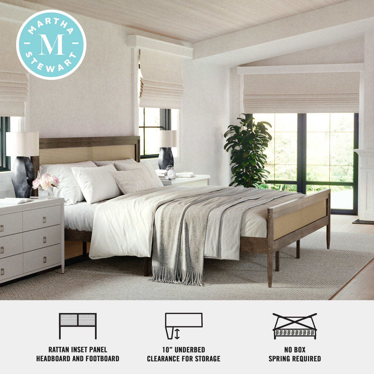 Brown Gray,King |#| Wooden King Platform Bed with Rattan Inset Headboard and Footboard-Brown Gray