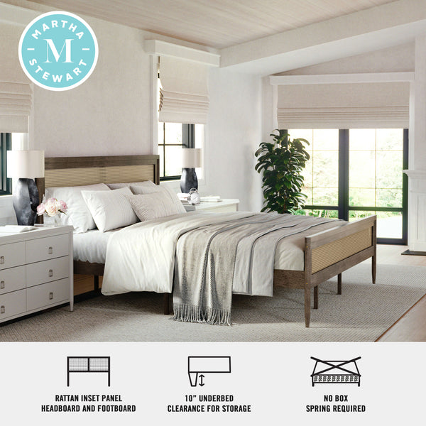 Brown Gray,King |#| Wooden King Platform Bed with Rattan Inset Headboard and Footboard-Brown Gray