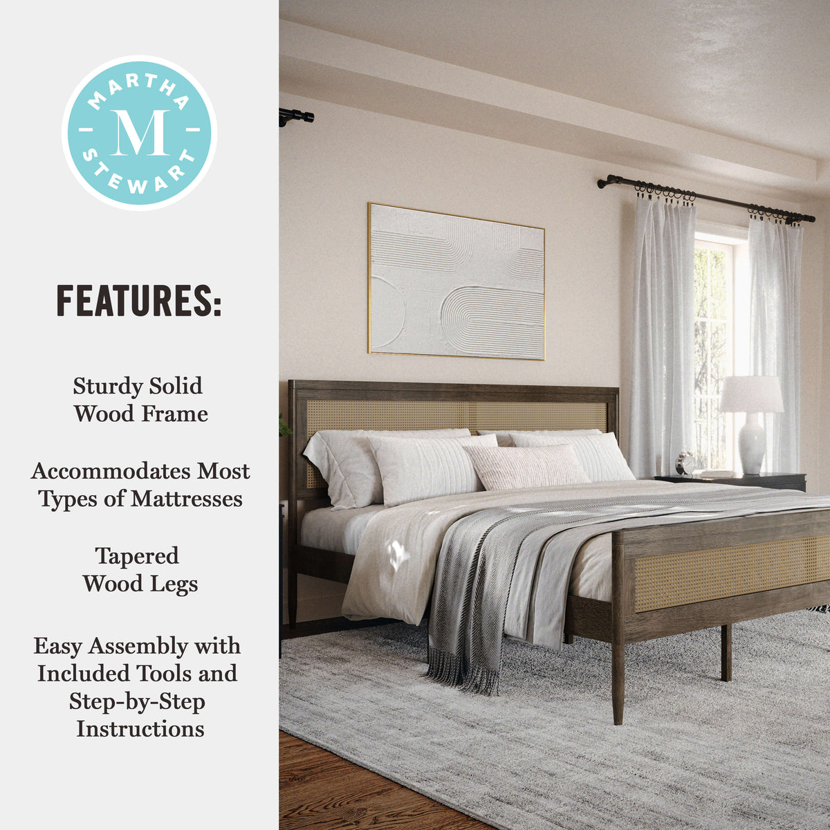 Brown Gray,King |#| Wooden King Platform Bed with Rattan Inset Headboard and Footboard-Brown Gray