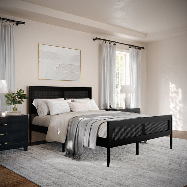 Black,Queen |#| Wooden Queen Platform Bed with Rattan Inset Headboard and Footboard-Black