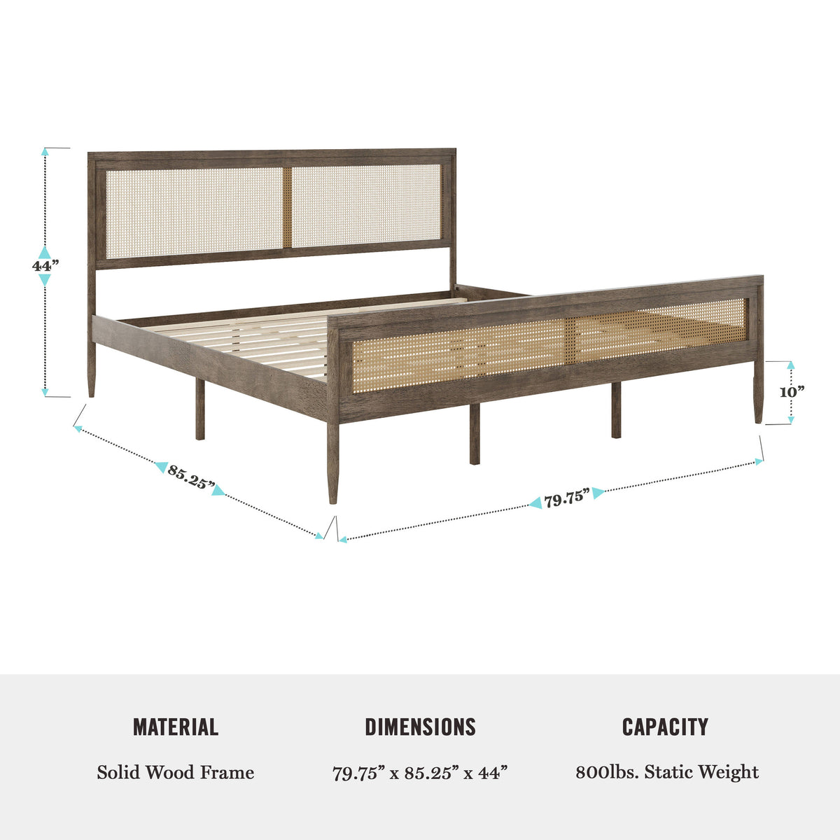 Brown Gray,King |#| Wooden King Platform Bed with Rattan Inset Headboard and Footboard-Brown Gray