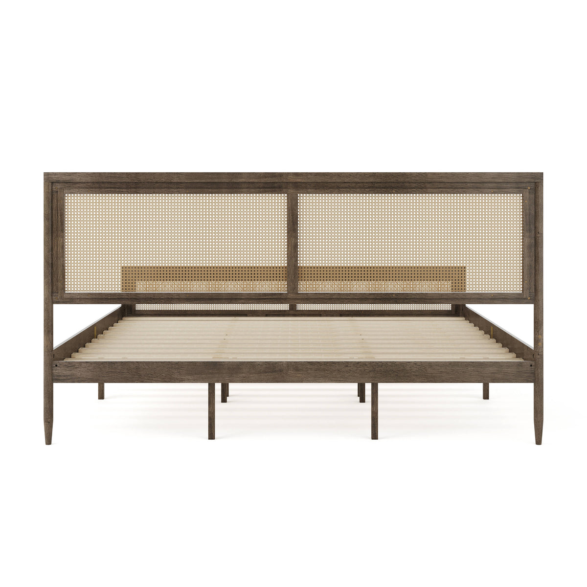 Brown Gray,King |#| Wooden King Platform Bed with Rattan Inset Headboard and Footboard-Brown Gray