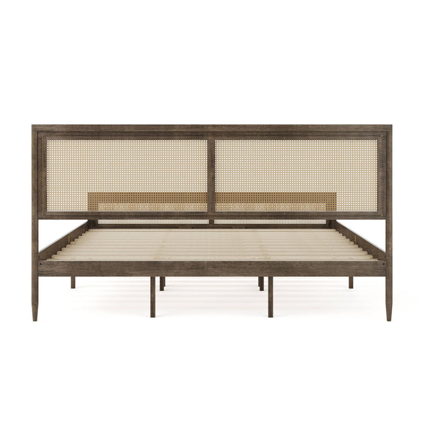 Brown Gray,King |#| Wooden King Platform Bed with Rattan Inset Headboard and Footboard-Brown Gray