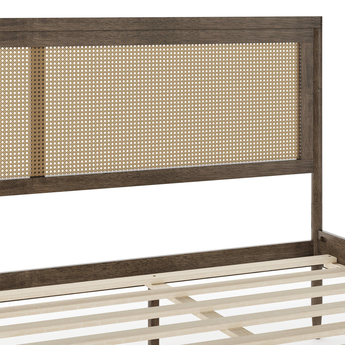 Brown Gray,King |#| Wooden King Platform Bed with Rattan Inset Headboard and Footboard-Brown Gray