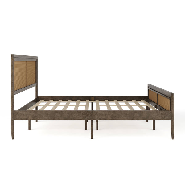 Brown Gray,King |#| Wooden King Platform Bed with Rattan Inset Headboard and Footboard-Brown Gray
