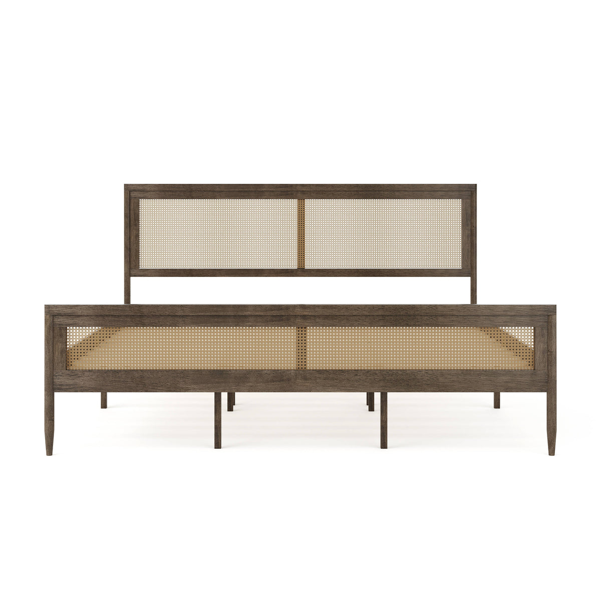 Brown Gray,King |#| Wooden King Platform Bed with Rattan Inset Headboard and Footboard-Brown Gray