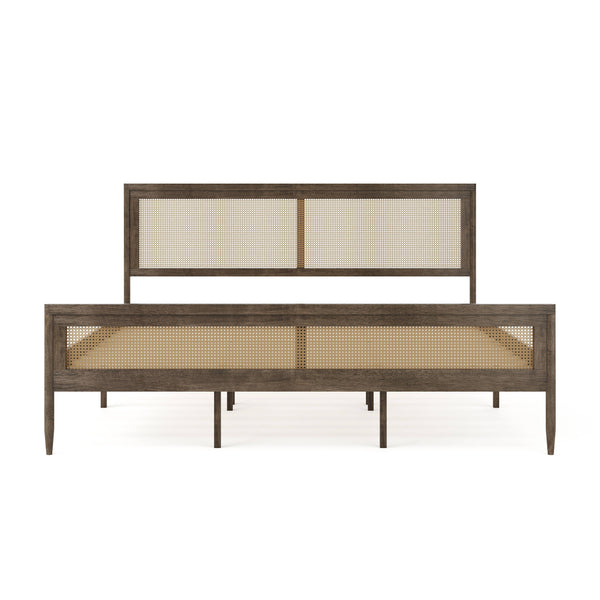 Brown Gray,King |#| Wooden King Platform Bed with Rattan Inset Headboard and Footboard-Brown Gray