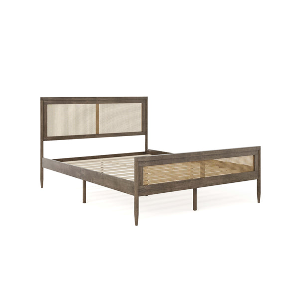 Brown Gray,Queen |#| Wooden Queen Platform Bed with Rattan Inset Headboard and Footboard-Brown Gray
