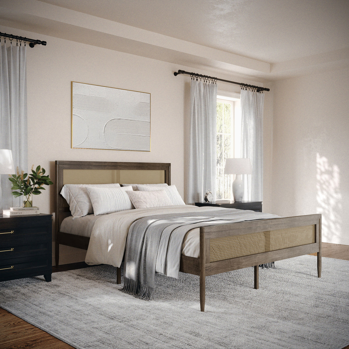 Brown Gray,Queen |#| Wooden Queen Platform Bed with Rattan Inset Headboard and Footboard-Brown Gray