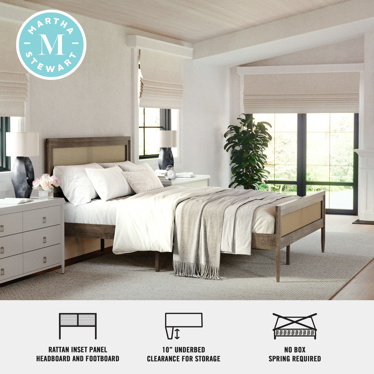 Brown Gray,Queen |#| Wooden Queen Platform Bed with Rattan Inset Headboard and Footboard-Brown Gray