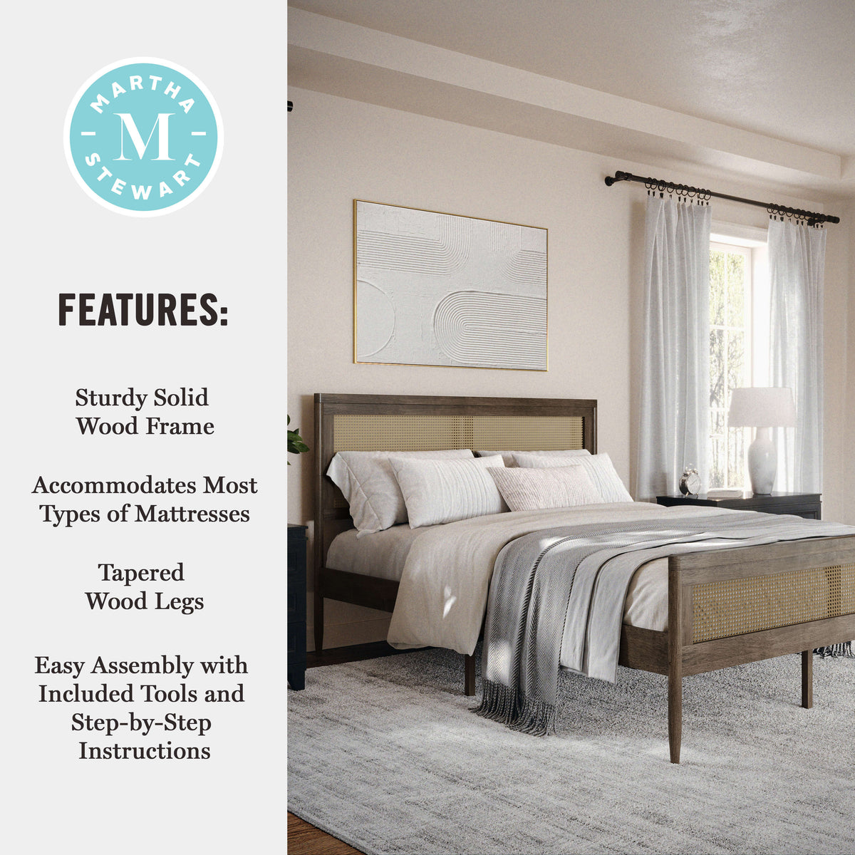 Brown Gray,Queen |#| Wooden Queen Platform Bed with Rattan Inset Headboard and Footboard-Brown Gray
