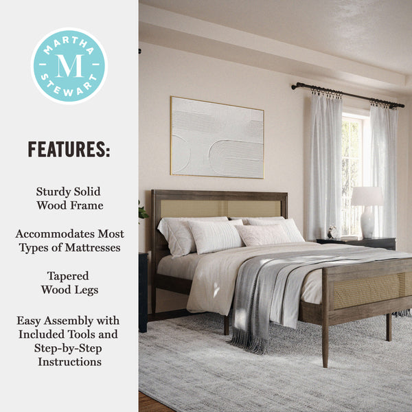 Brown Gray,Queen |#| Wooden Queen Platform Bed with Rattan Inset Headboard and Footboard-Brown Gray