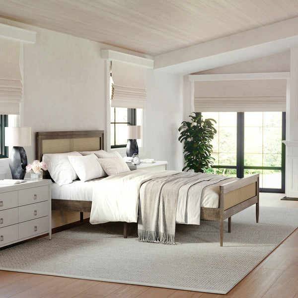 Brown Gray,Queen |#| Wooden Queen Platform Bed with Rattan Inset Headboard and Footboard-Brown Gray