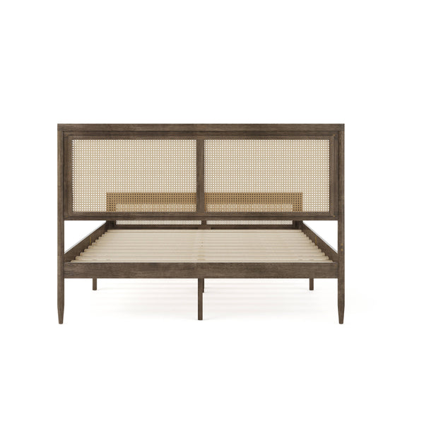Brown Gray,Queen |#| Wooden Queen Platform Bed with Rattan Inset Headboard and Footboard-Brown Gray