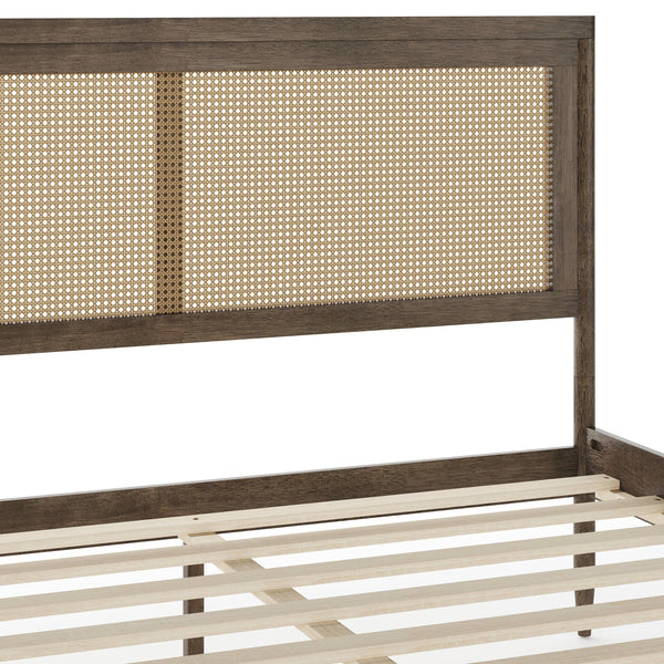 Brown Gray,Queen |#| Wooden Queen Platform Bed with Rattan Inset Headboard and Footboard-Brown Gray