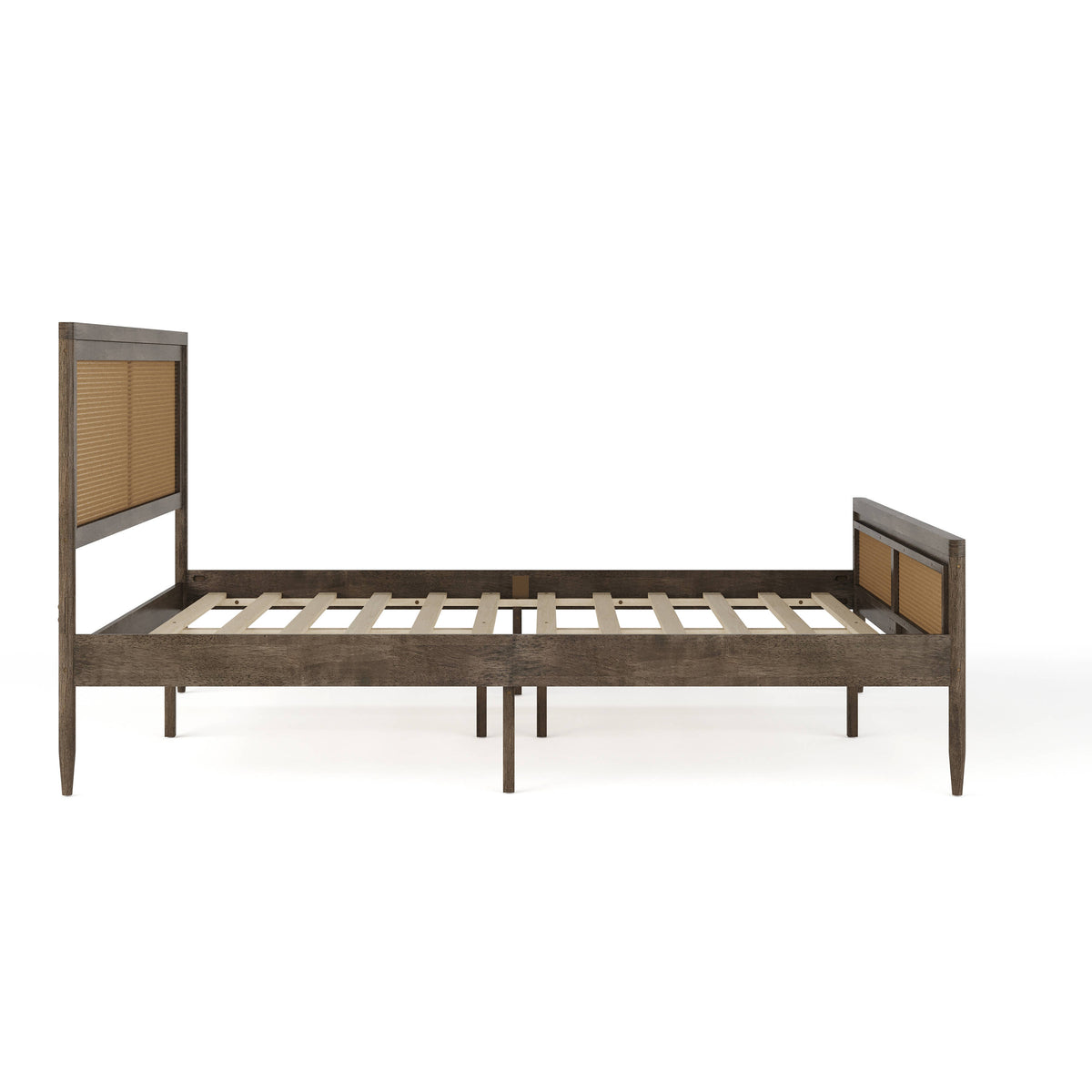 Brown Gray,Queen |#| Wooden Queen Platform Bed with Rattan Inset Headboard and Footboard-Brown Gray