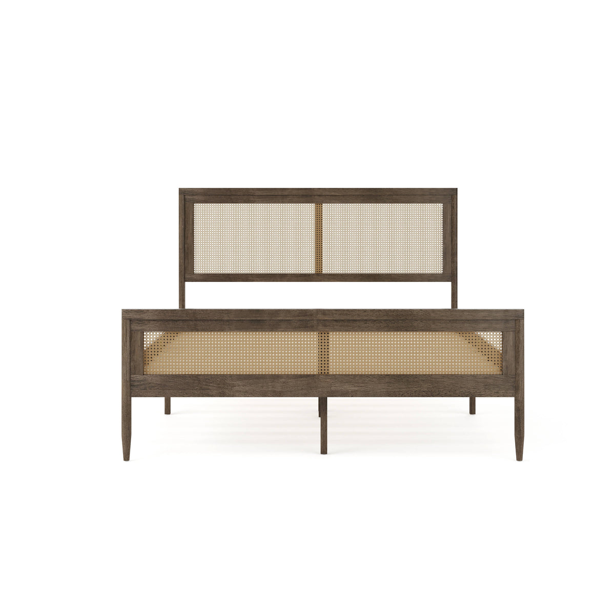 Brown Gray,Queen |#| Wooden Queen Platform Bed with Rattan Inset Headboard and Footboard-Brown Gray