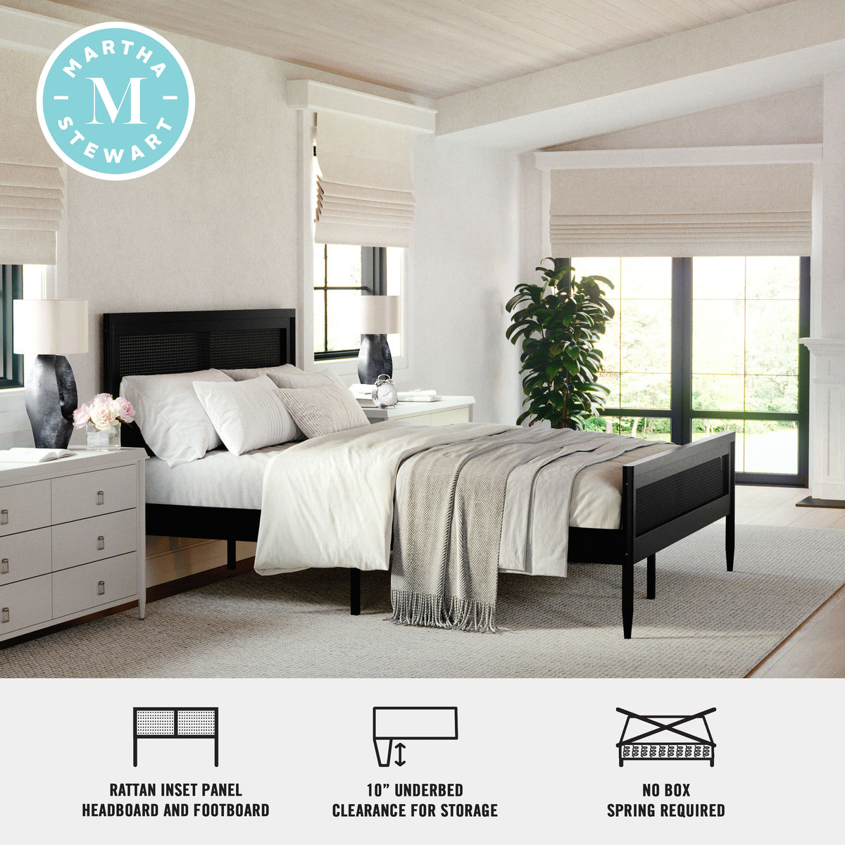 Black,Queen |#| Wooden Queen Platform Bed with Rattan Inset Headboard and Footboard-Black