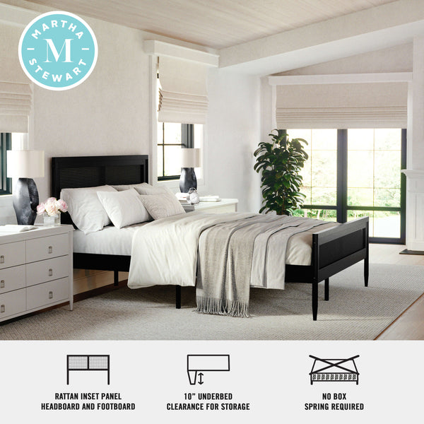 Black,Queen |#| Wooden Queen Platform Bed with Rattan Inset Headboard and Footboard-Black