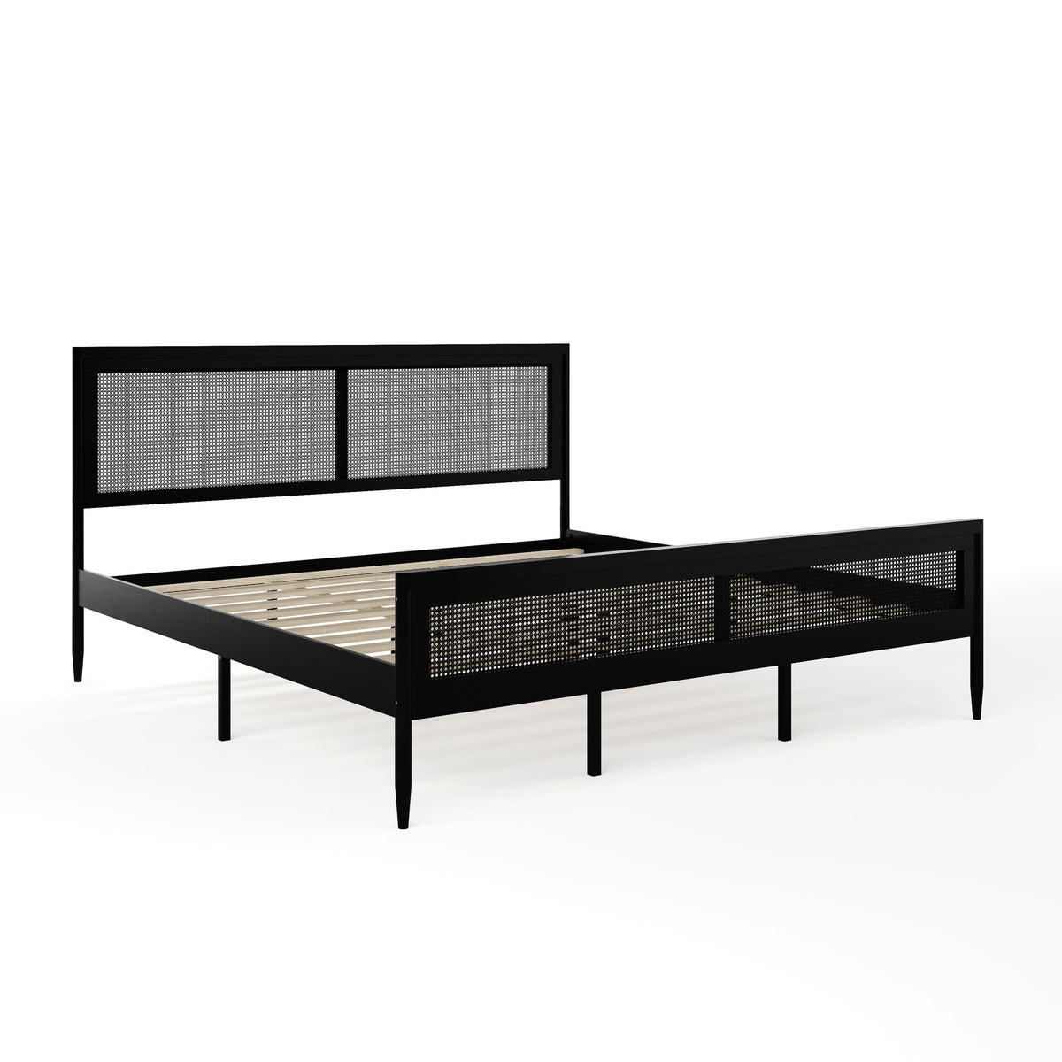 Black,King |#| Wooden King Platform Bed with Rattan Inset Headboard and Footboard-Black