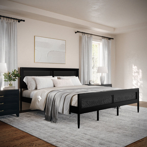 Black,King |#| Wooden King Platform Bed with Rattan Inset Headboard and Footboard-Black