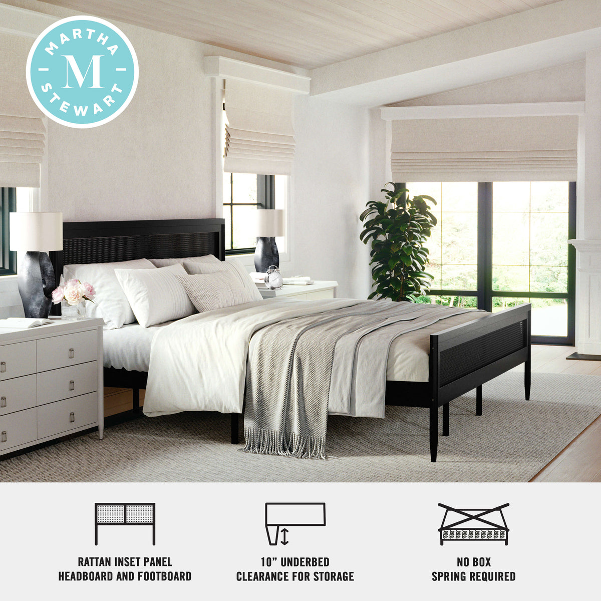 Black,King |#| Wooden King Platform Bed with Rattan Inset Headboard and Footboard-Black