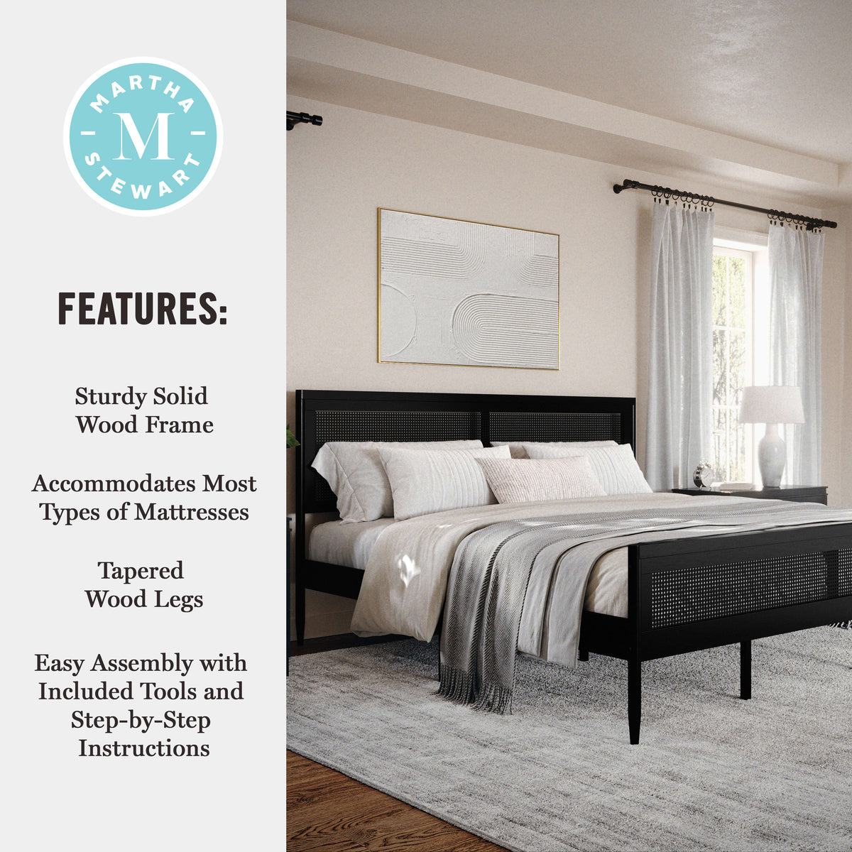 Black,King |#| Wooden King Platform Bed with Rattan Inset Headboard and Footboard-Black