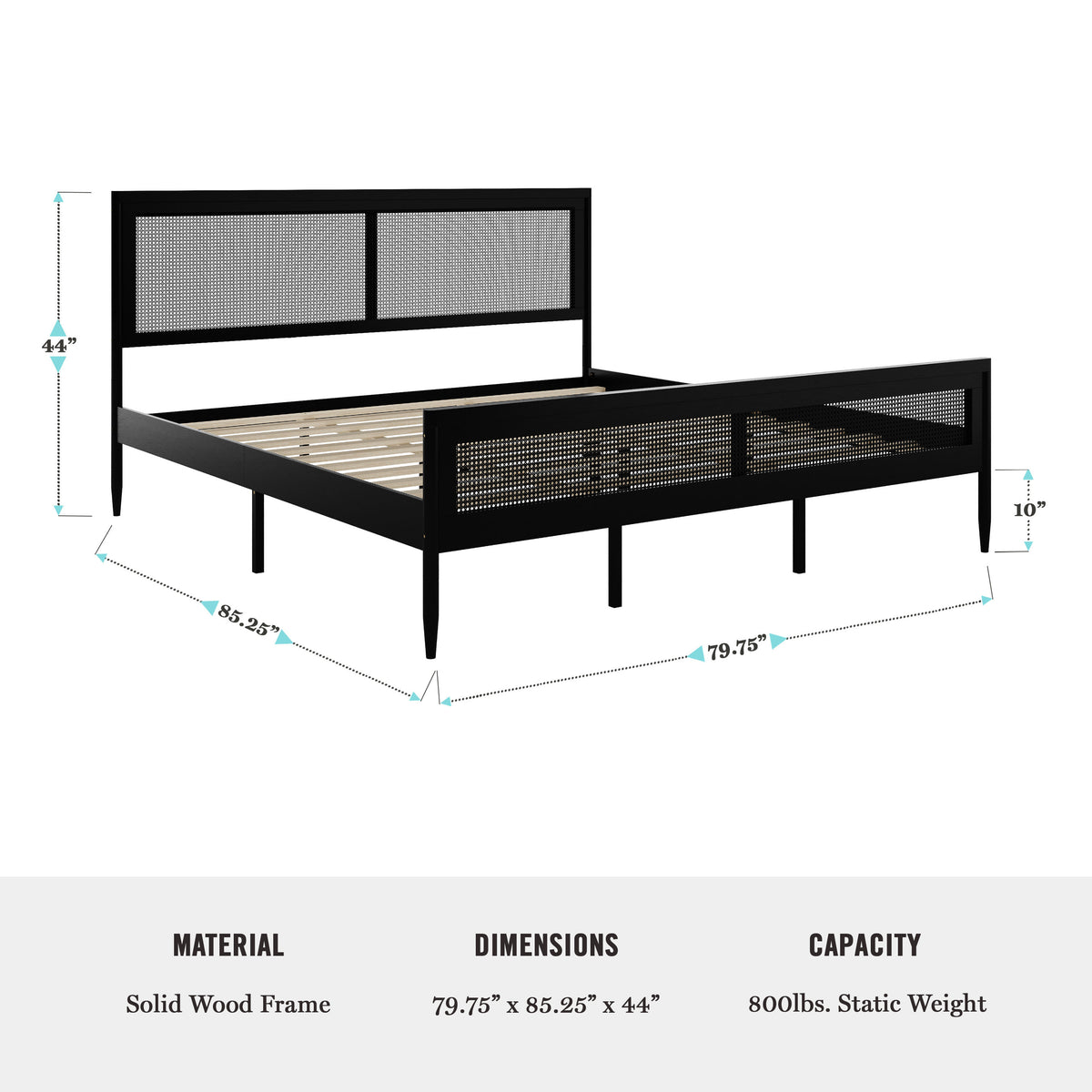 Black,King |#| Wooden King Platform Bed with Rattan Inset Headboard and Footboard-Black