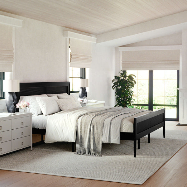 Black,King |#| Wooden King Platform Bed with Rattan Inset Headboard and Footboard-Black