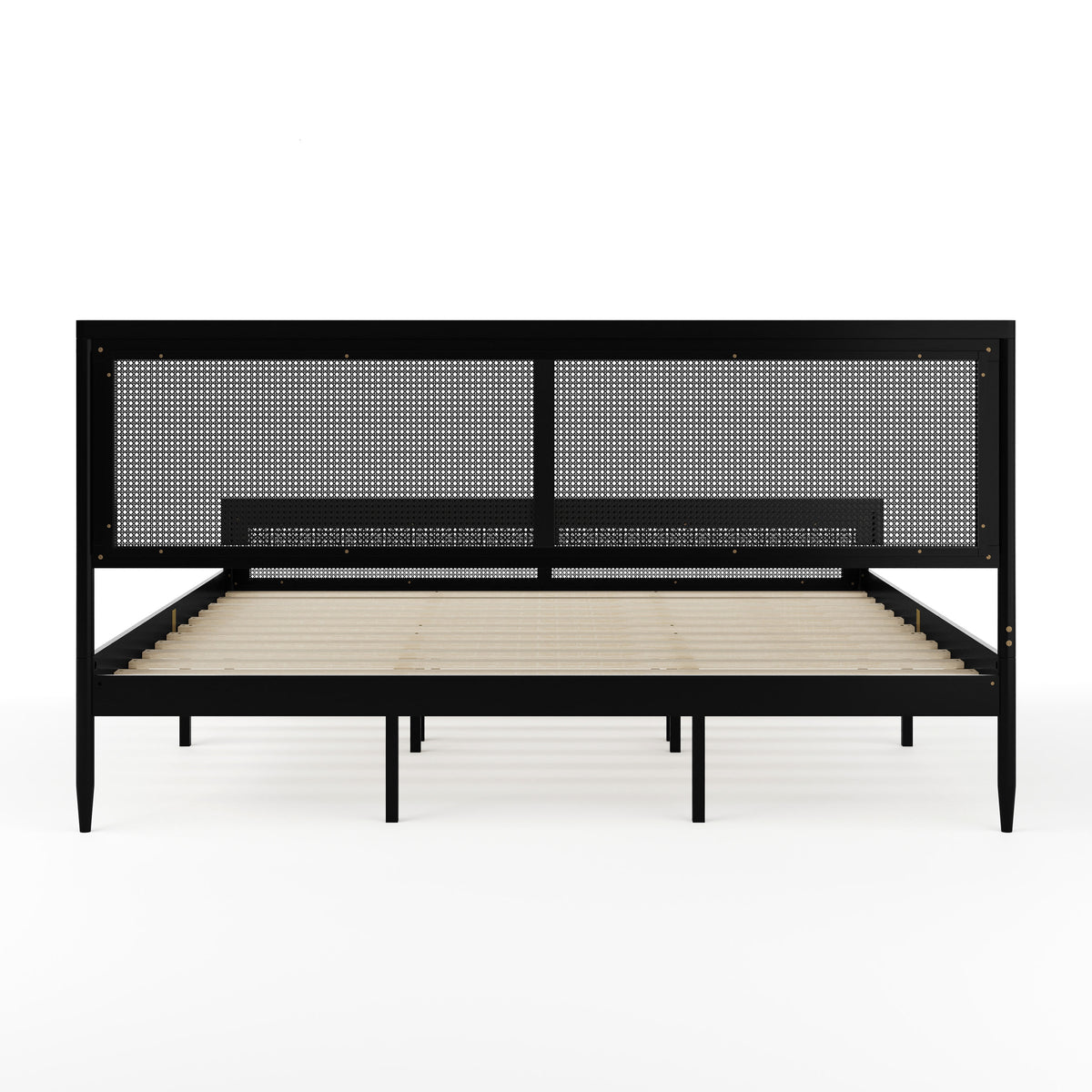 Black,King |#| Wooden King Platform Bed with Rattan Inset Headboard and Footboard-Black