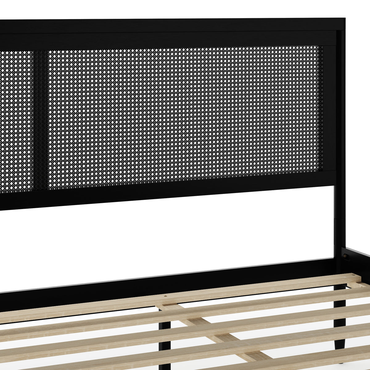 Black,King |#| Wooden King Platform Bed with Rattan Inset Headboard and Footboard-Black