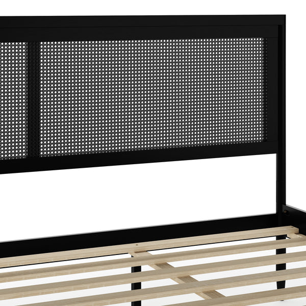 Black,King |#| Wooden King Platform Bed with Rattan Inset Headboard and Footboard-Black