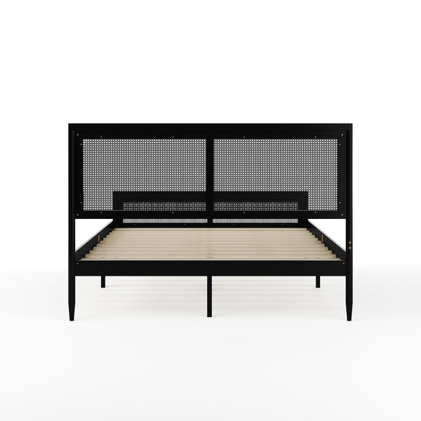 Black,Queen |#| Wooden Queen Platform Bed with Rattan Inset Headboard and Footboard-Black