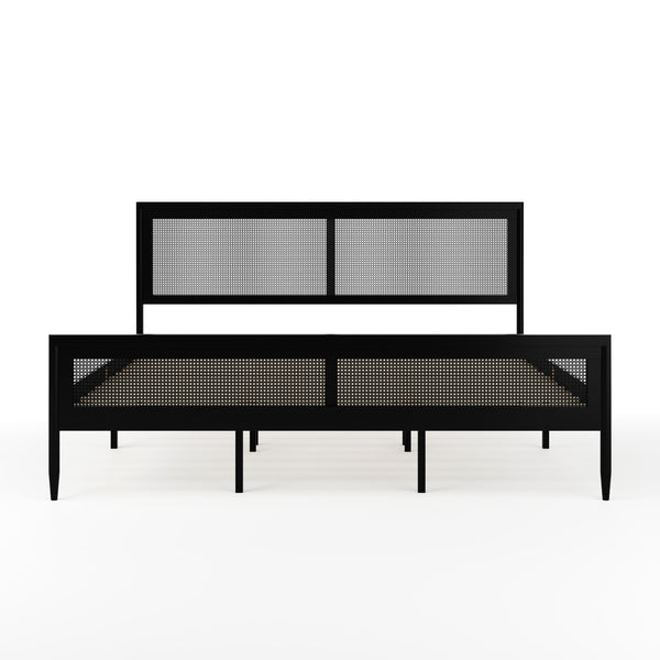 Black,King |#| Wooden King Platform Bed with Rattan Inset Headboard and Footboard-Black