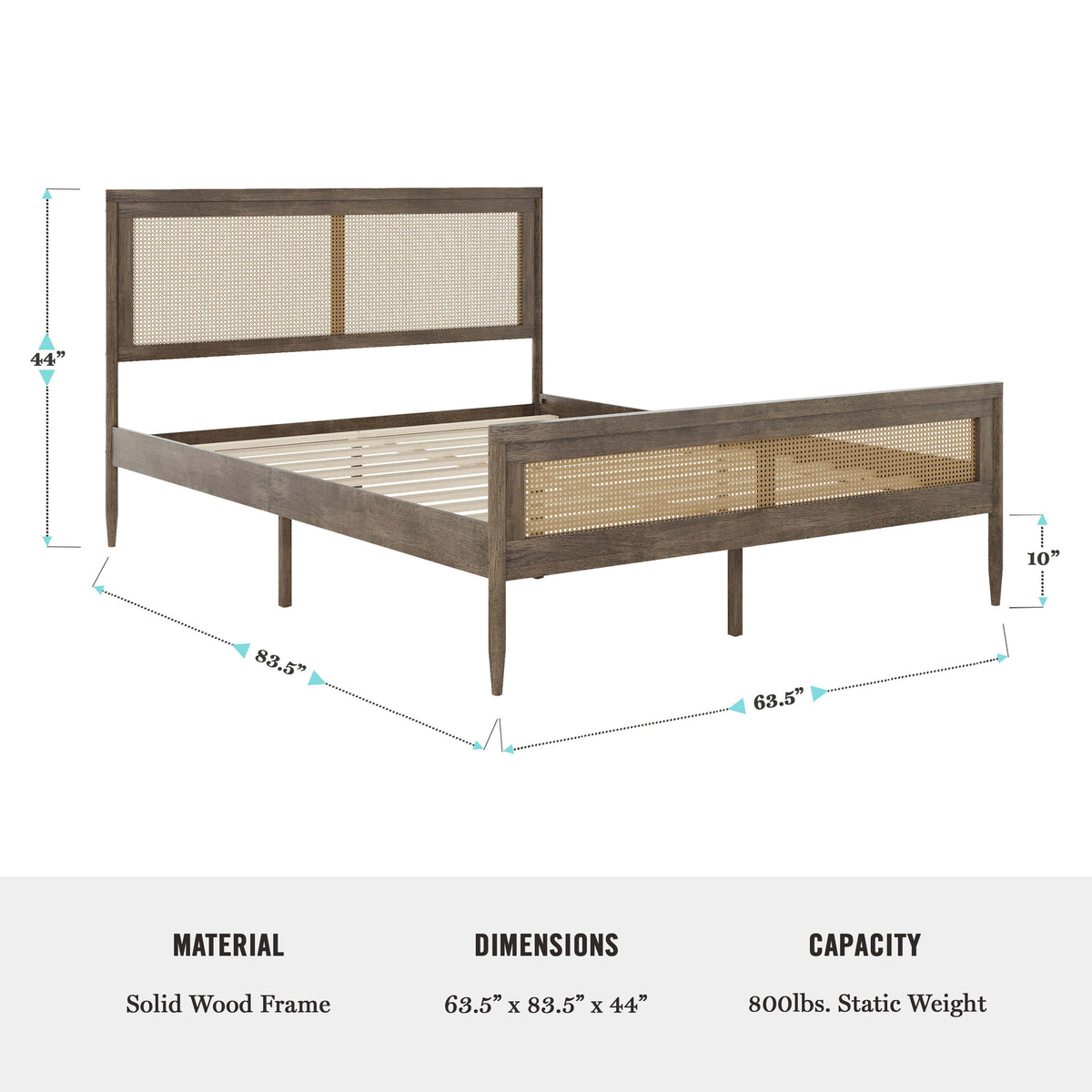 Brown Gray,Queen |#| Wooden Queen Platform Bed with Rattan Inset Headboard and Footboard-Brown Gray