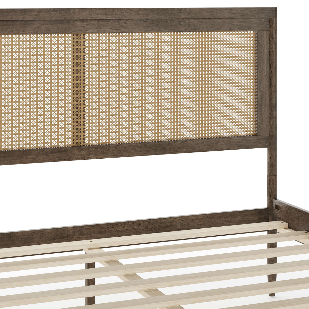 Brown Gray,Queen |#| Wooden Queen Platform Bed with Rattan Inset Headboard and Footboard-Brown Gray