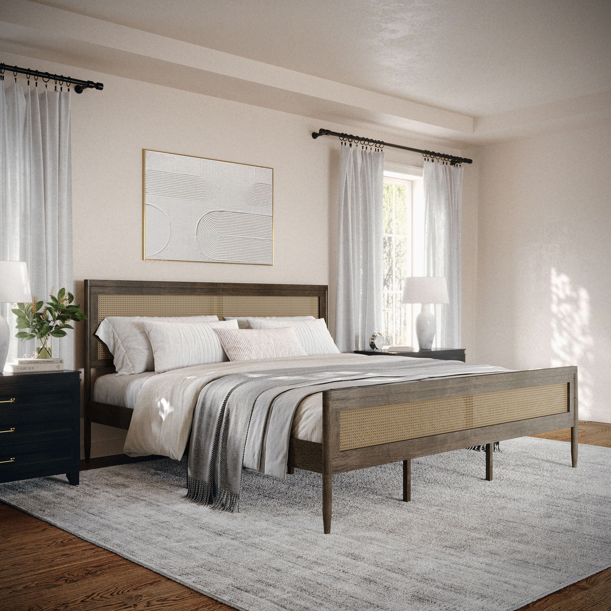 Brown Gray,King |#| Wooden King Platform Bed with Rattan Inset Headboard and Footboard-Brown Gray