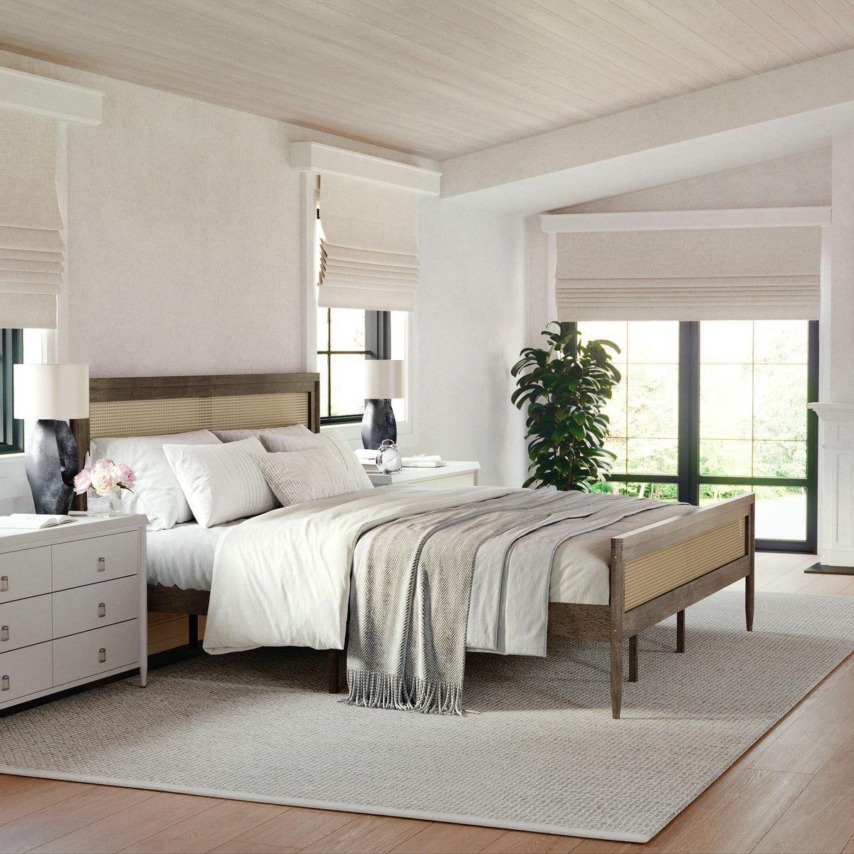 Brown Gray,King |#| Wooden King Platform Bed with Rattan Inset Headboard and Footboard-Brown Gray