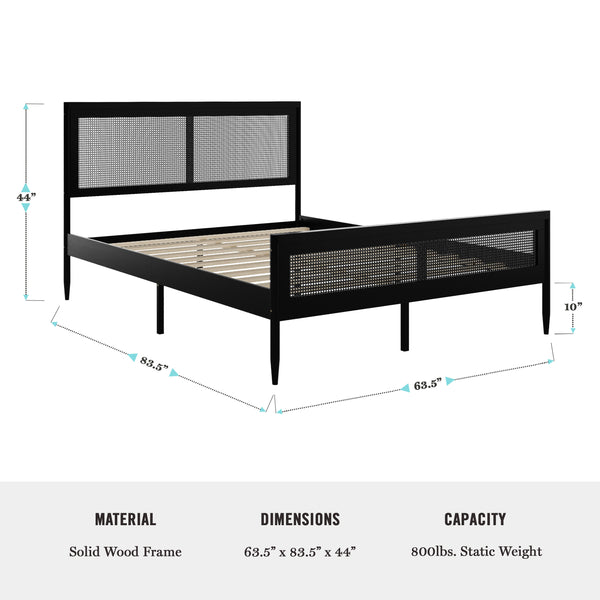 Black,Queen |#| Wooden Queen Platform Bed with Rattan Inset Headboard and Footboard-Black