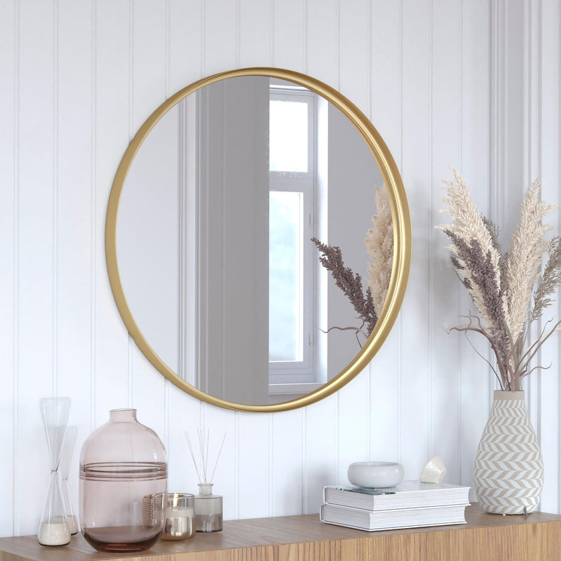 Gold,30" Round |#| 30" Round Accent Wall Mirror with Silver Backed Glass and Gold Metal Frame