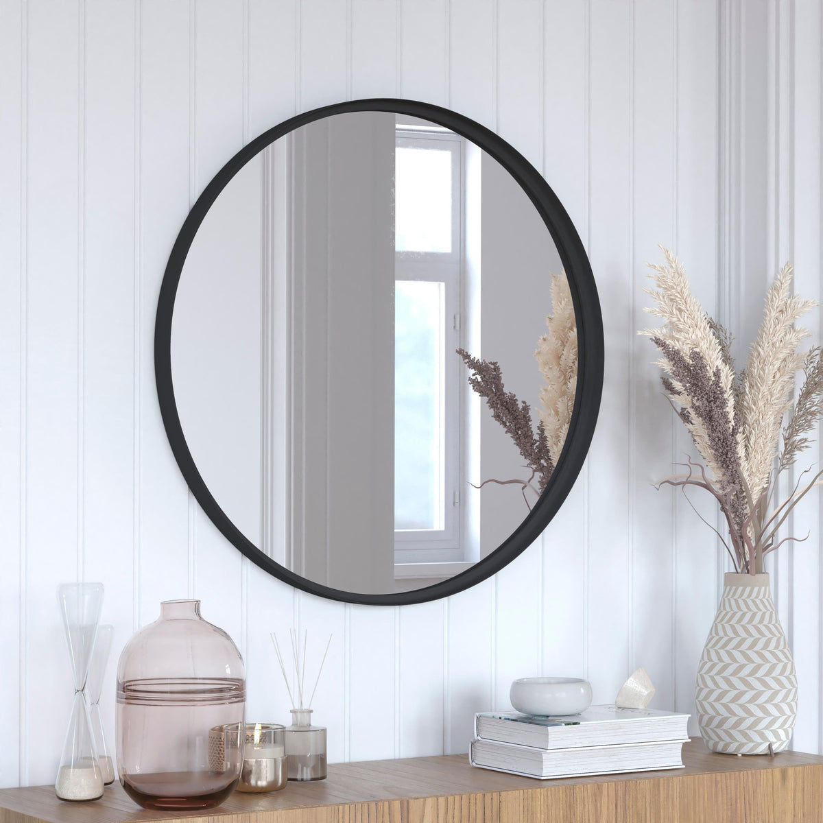 Black,30" Round |#| 30" Round Accent Wall Mirror with Silver Backed Glass and Black Metal Frame