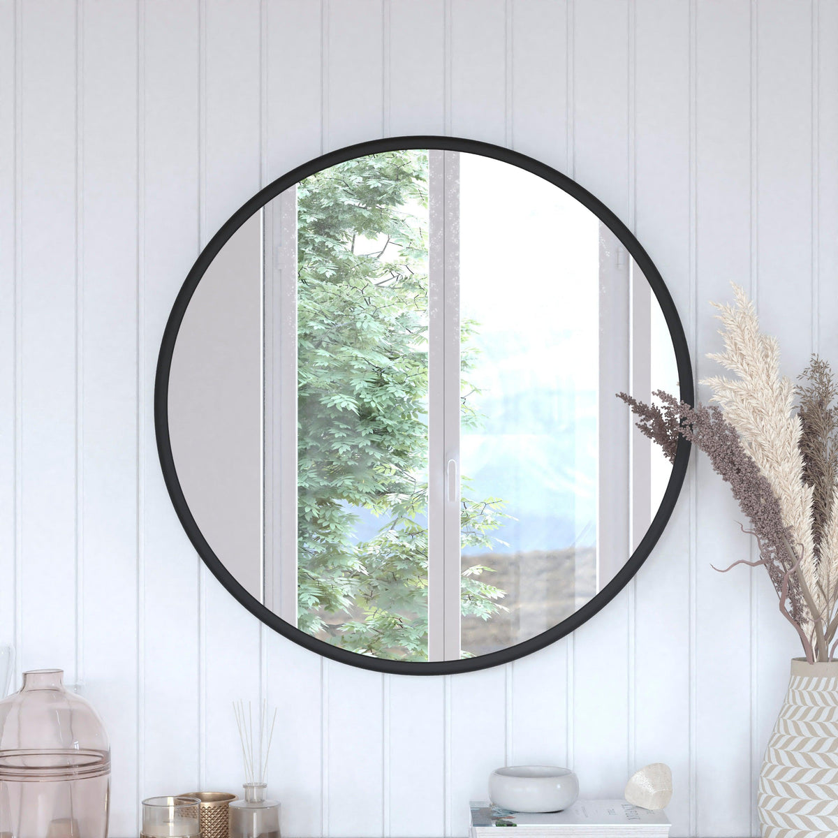 Black,30" Round |#| 30" Round Accent Wall Mirror with Silver Backed Glass and Black Metal Frame