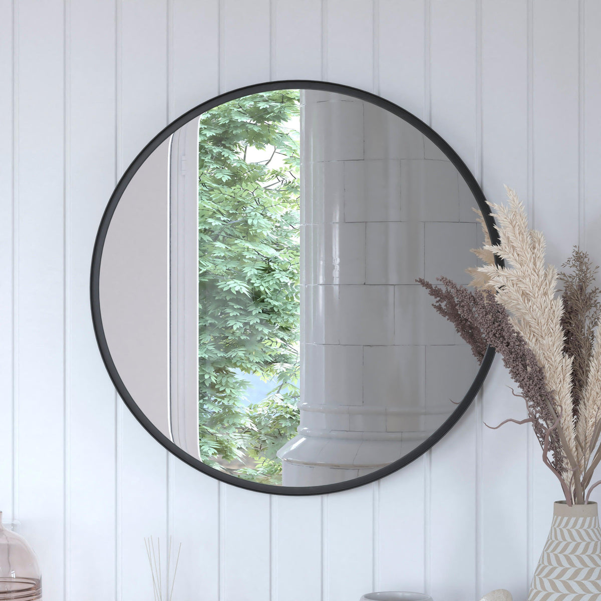 Black,27.5" Round |#| Wall Mount 27.5" Shatterproof Round Accent Wall Mirror with Black Metal Frame