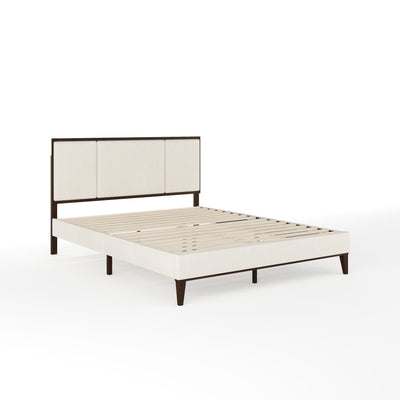 Jett Solid Wood Platform Bed with Upholstered Base and Inset Paneled Headboard, Wood Slat Bottom, No Box Spring Needed