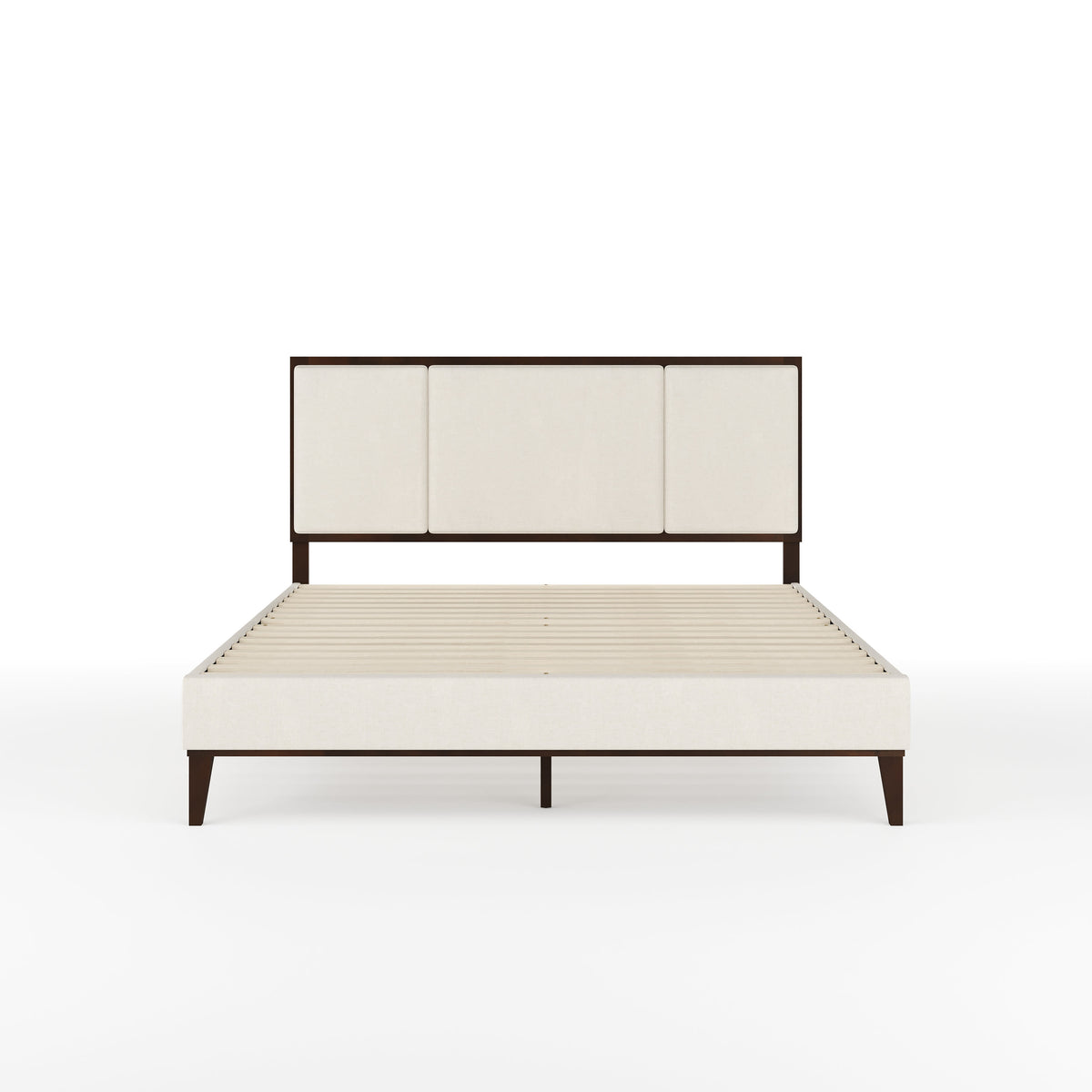 Beige Fabric/Dark Brown Frame,Queen |#| Wooden Queen Size Platform Bed with Upholstered Inset Headboard-Dark Brown/Beige