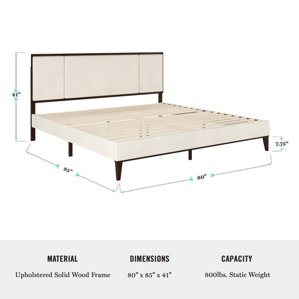Beige Fabric/Dark Brown Frame,King |#| Wooden King Size Platform Bed with Upholstered Inset Headboard-Dark Brown/Beige