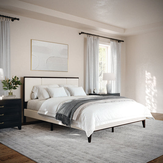 Jett Solid Wood Platform Bed with Upholstered Base and Inset Paneled Headboard, Wood Slat Bottom, No Box Spring Needed
